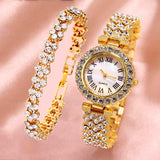 Gold Roman Diamond Watch & Bracelet Set for Women
