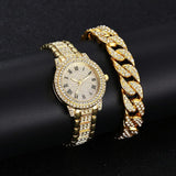 Gold Steel Strap Quartz Watch with Full Diamond Roman Numerals & Bracelet