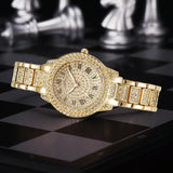 Gold Steel Strap Quartz Watch with Full Diamond Roman Numerals & Bracelet