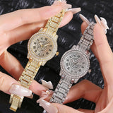 Gold Steel Strap Quartz Watch with Full Diamond Roman Numerals & Bracelet