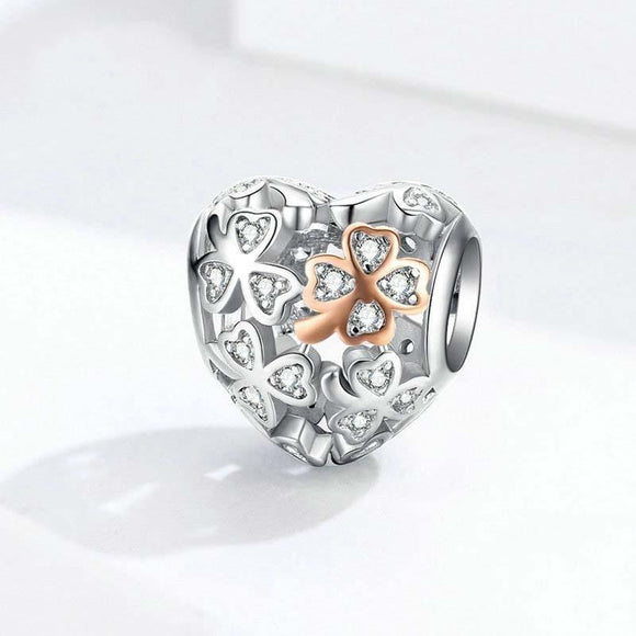 925 Sterling Silver Heart Beaded Clover Bracelet Charm