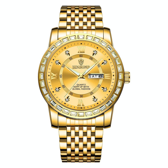 Diamond Dual-calendar Luminous Quartz Watch - B2202 - Full-Gold-Gold