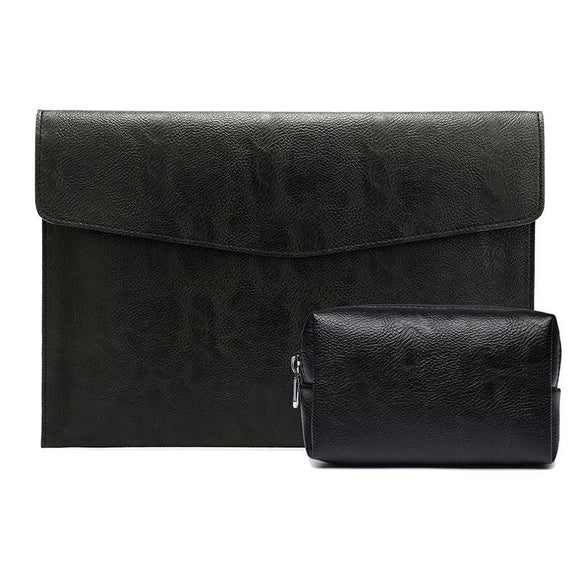 14 Litchi Pattern Laptop Sleeve & Power Bag - Black Leather
