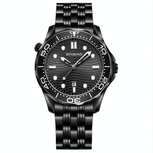 30m Waterproof Men Sports Quartz Watch - Black Steel with Luminous White Surface