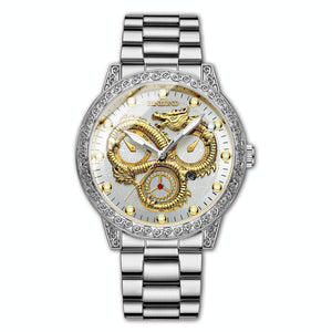 Dragon Embossed Luminous Waterproof Watch - Quartz - White Steel-White