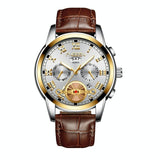 Men Multi-function Quartz Watch with Brown Leather Strap and Gold White Dial