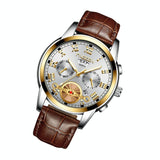 Men Multi-function Quartz Watch with Brown Leather Strap and Gold White Dial