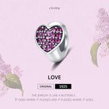 925 Sterling Silver Love Heart Pink Zircon Bracelet / Necklace Charm