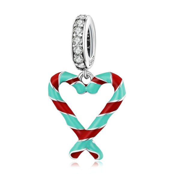 925 Sterling Silver Heart Candy Cane Pendant For Diy Bracelets & Necklaces