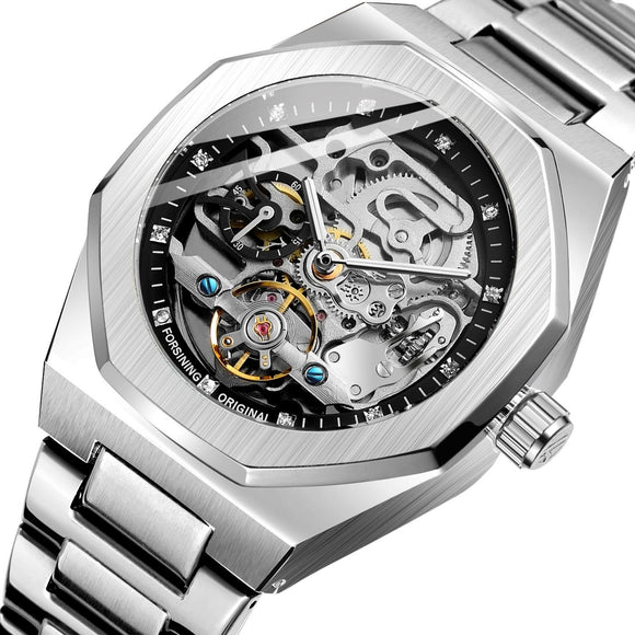Men Automatic Mechanical Watch with Luminous Dial and Steel Band - Silver Belt Black Face