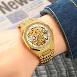 Men Automatic Mechanical Watch with Luminous Dial and Steel Band - Silver Belt Black Face