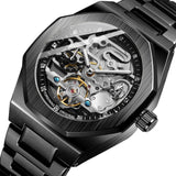 Men Automatic Mechanical Watch with Luminous Dial and Steel Band - Silver Belt Black Face