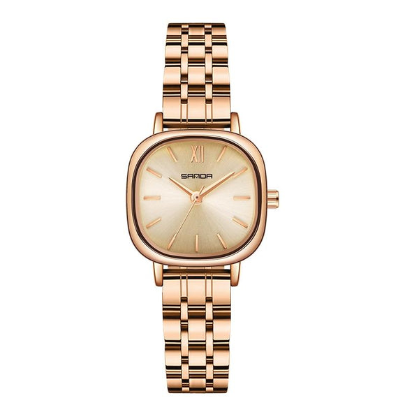 Women Oval Dial Quartz Watch with Simple Bar Scale - Steel Belt Rose Gold