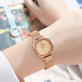 Women Oval Dial Quartz Watch with Simple Bar Scale - Steel Belt Rose Gold