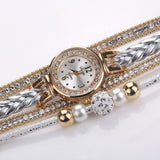 Women Beige Woven Pearl Bracelet Watch - Round Analog Quartz - White