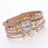 Women Beige Woven Pearl Bracelet Watch - Round Analog Quartz - White