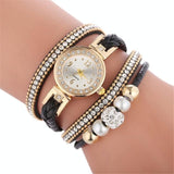 Women Beige Woven Pearl Bracelet Watch - Round Analog Quartz - White