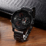 Men Dual Display Quartz Watch with Large Dial and Steel Band - Black Shell Orange Eye