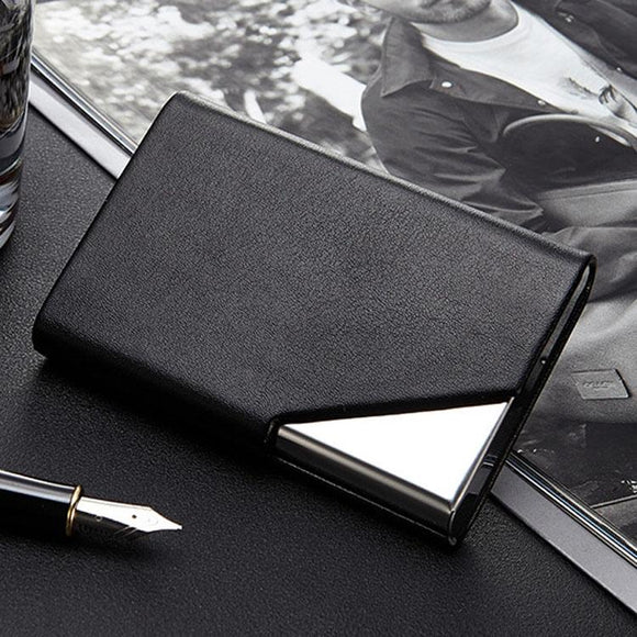 Stainless Steel Business Card Holder Men Leather Clamp - Black