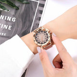 Rose Gold Flower Bracelet Watch with Rhinestone Mesh