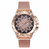 Rose Gold Flower Bracelet Watch with Rhinestone Mesh