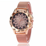 Rose Gold Flower Bracelet Watch with Rhinestone Mesh