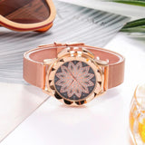 Rose Gold Flower Bracelet Watch with Rhinestone Mesh