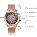Rose Gold Flower Bracelet Watch with Rhinestone Mesh