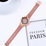 Rose Gold Flower Bracelet Watch with Rhinestone Mesh