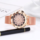 Rose Gold Flower Bracelet Watch with Rhinestone Mesh