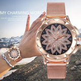 Rose Gold Flower Bracelet Watch with Rhinestone Mesh