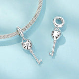 925 Sterling Silver Platinum Plated Heart Key Beaded Pendant