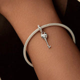 925 Sterling Silver Platinum Plated Heart Key Beaded Pendant