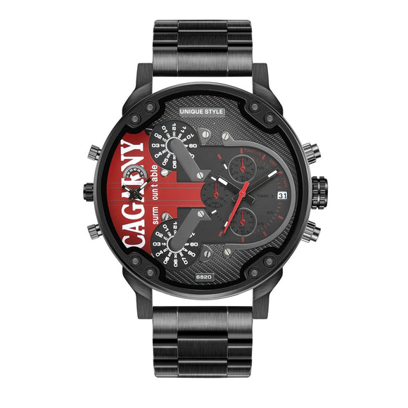 Men Dual Movement Steel Quartz Watch with Red Face and Black Strap