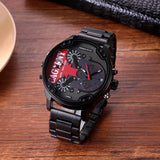 Men Dual Movement Steel Quartz Watch with Red Face and Black Strap