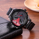 Men Dual Movement Steel Quartz Watch with Red Face and Black Strap