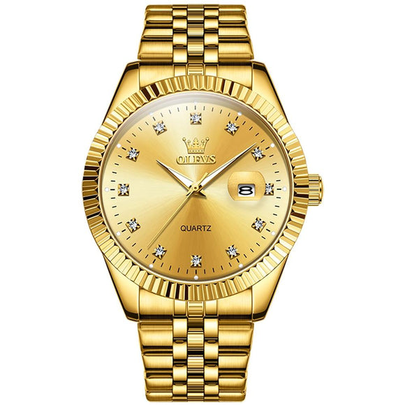Men Luminous Waterproof Quartz Watch with Diamond Accents - Gold