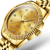 Men Luminous Waterproof Quartz Watch with Diamond Accents - Gold