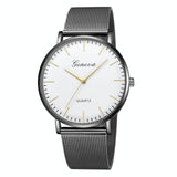Stainless Steel Mesh Unisex Quartz Watch - Black Shell White Dial Gold Needle
