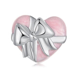 925 Sterling Silver Platinum Heart Bow Beads Gift Box
