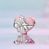 925 Sterling Silver Platinum Heart Bow Beads Gift Box