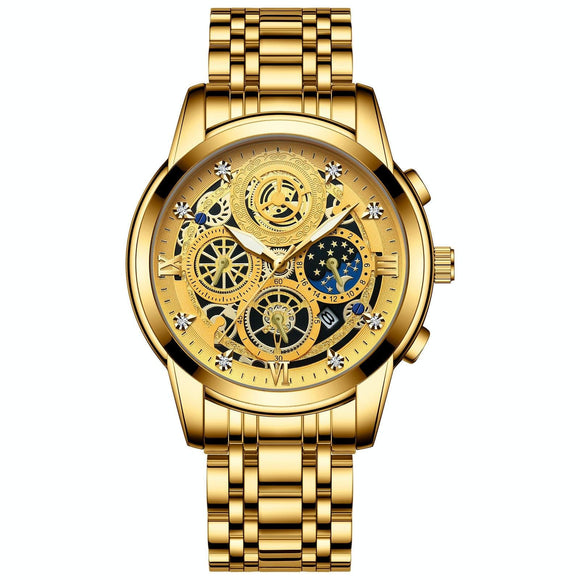 Waterproof Luminous Quartz Watch with Multifunctional Design - Full Gold Gold Surface