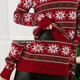 Women Round Neck Christmas Knitwear Long Sleeve Snowflake Christmas Sweater - Red - M