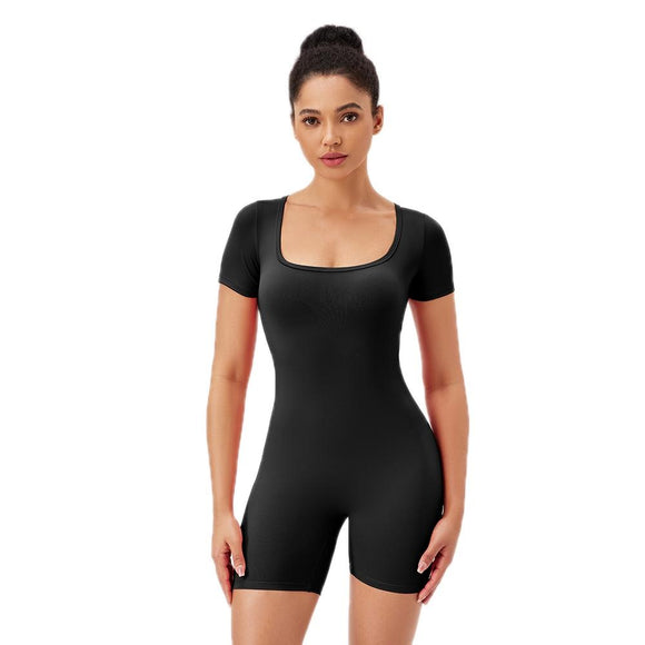 Quick Drying Women Square Neck Yoga Jumpsuit - Black - M
