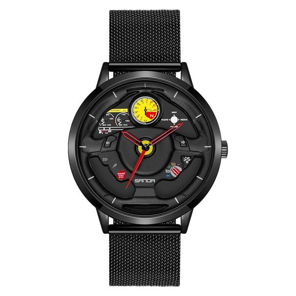 Waterproof Quartz Watch with Hollow Dial - 1085 Steering Wheel Design - Black