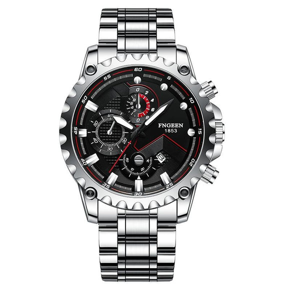 Stainless Steel Waterproof Men Sports Watch - White Steel Black Surface