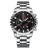 Stainless Steel Waterproof Men Sports Watch - White Steel Black Surface