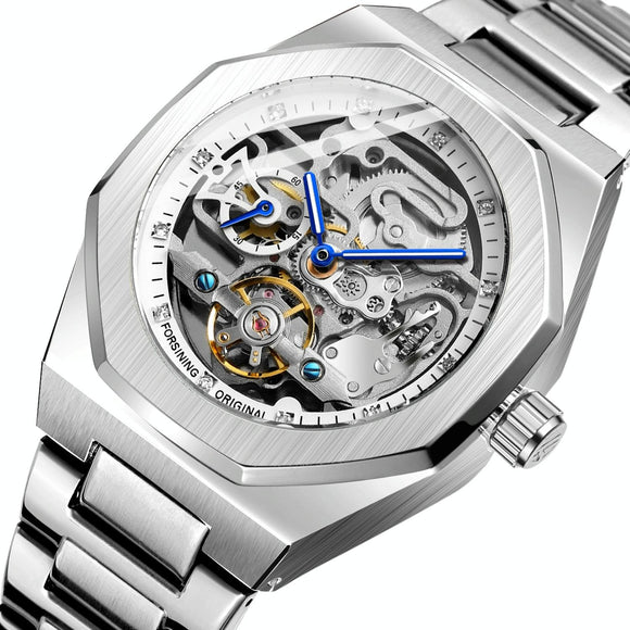 Men Automatic Mechanical Watch with Luminous Dial and Steel Band - Silver Belt White Face