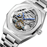 Men Automatic Mechanical Watch with Luminous Dial and Steel Band - Silver Belt White Face