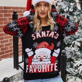 Christmas Women Pullover Sweater Santa Claus Embroidery Crew Neck Knit Sweater - Black - S